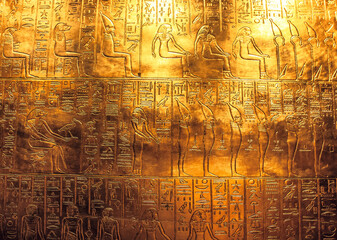 Egyptian hieroglyphics on golden plate from king Tutankhamun tomb.