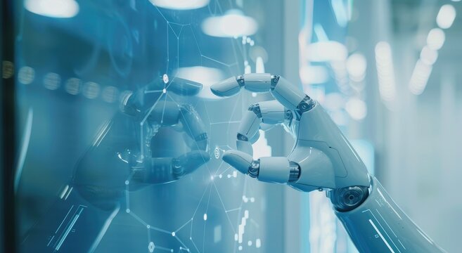 Human hand and robot touching on a digital screen with a futuristic connection technology background, AI data exchange concept for the future of business.