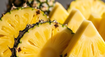 Fresh pineapple slices on wood board. Healthy tropical fruit for snack and dessert. Sweet summer food. Raw diet concept.