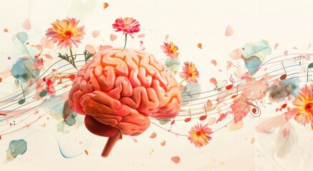 The fusion of music, creativity, and nature in a human brain illustration, surrounded by flowers and musical notes.