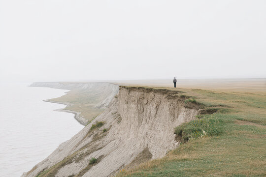 minimalist scene featuring solitary figure standing on coastal cliff in kazakhstan under overcast sky