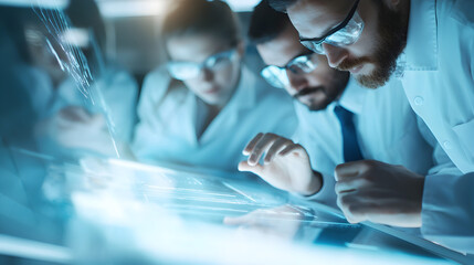 Researchers in lab coats and safety glasses examine a futuristic touchscreen interface with holographic data displays in a high-tech laboratory setting.