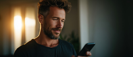Man engaging with smartphone at home relaxed atmosphere lifestyle warm lighting intimate viewpoint