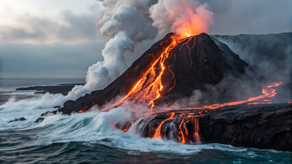 volcano eruption flowing into sea