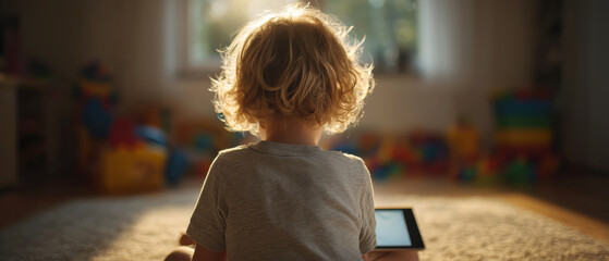 Child engaged with tablet in cozy room soft lighting indoor environment serene concept for learning