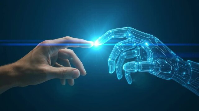 A futuristic concept showing a human hand and a robotic hand touching, captured from a side angle. Perfect for a tech-themed video thumbnail.