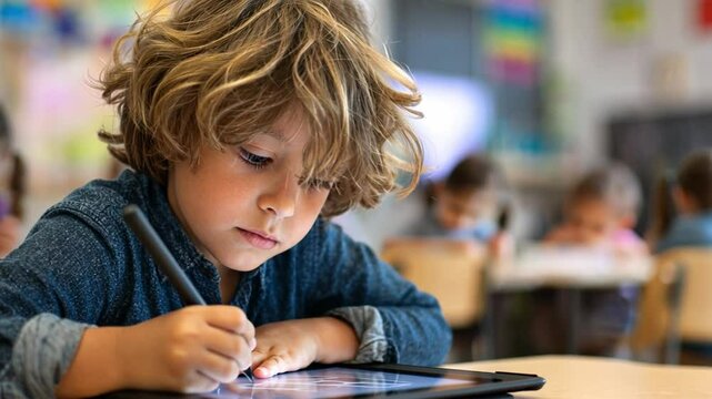 Focused Child Drawing on Tablet: A young child with curly blonde hair is engrossed in drawing on a tablet, showcasing concentration and creativity in a classroom setting.