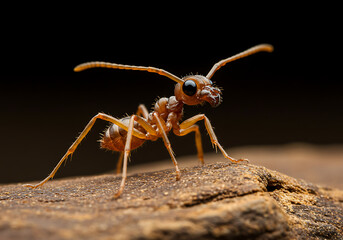 Intense Close-Up: Fire Ant on Textured Wood Surface