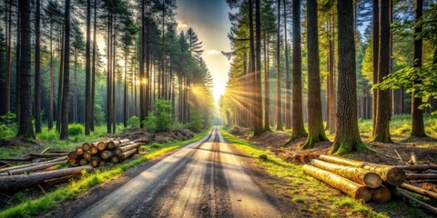 Obraz premium Sunbeams illuminating a forest road with stacked timber