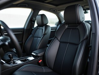 Obraz premium Luxury car interior featuring modern leather seats and elegant stitching, showcasing premium transport design concept in a realistic style.