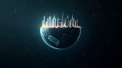A futuristic cityscape emerges from the illuminated edge of a dark, partial globe floating in space against a starry background.