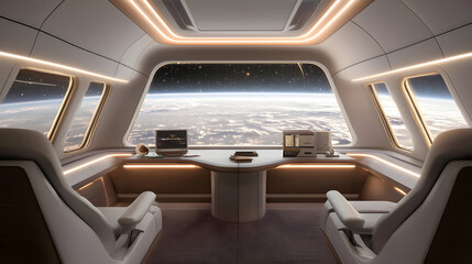 A futuristic spacecraft cabin with large panoramic windows overlooking Earth from orbit, featuring two sleek chairs and a modern workspace with advanced technology.