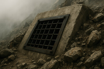 Heavy metal grate embedded in concrete among rocky terrain and mist, emphasizing rugged industrial infrastructure outdoors