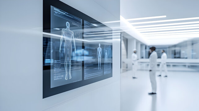 A futuristic medical facility with digital human anatomy displays and medical professionals in white coats engaged in discussion. - Powered by Adobe