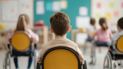 Young students seated in a classroom, facing a green chalkboard, engaged in learning with focus and attentiveness.