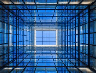 Looking up at a gridded glass atrium.  A perspective shot of a modern building's interior, showcasing a network of dark metal framing a gridded glass skylight, creating a geometric pattern.