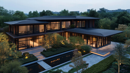 Aerial View of Modern Chinese Villa with Glass Facade and Minimalist Zen Garden