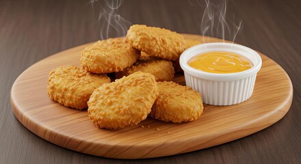 A stack of chicken nuggets with dipping sauce on a wooden board with steam rising from the nuggets