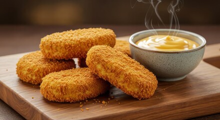 Golden fried mozzarella sticks with dipping sauce on a wooden board ready to be served hot
