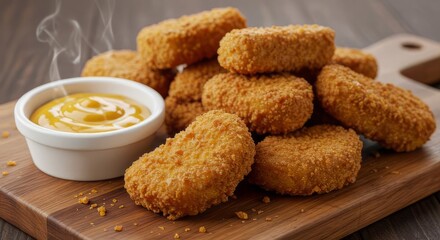 Close up shot of chicken nuggets with dipping sauce on a wooden board ready to be eaten quickly now