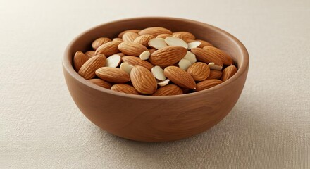 A brown bowl filled to the brim with almonds and a few sliced almonds on a light colored surface
