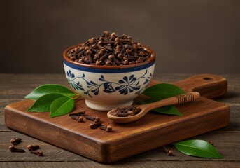 Still life of cloves in a bowl and spoon on a wooden board with green leaves on a wooden surface