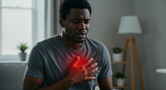 Young Black man sitting indoors with hand on chest and expression of discomfort, red glow highlighting heart pain or anxiety-related symptom in home environment