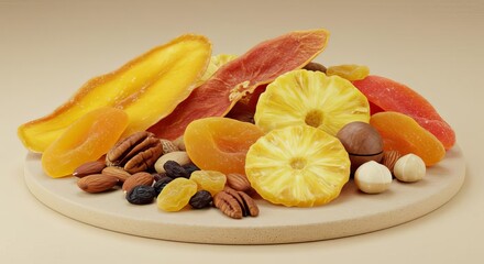 Close up of dried fruits and nuts on a wooden board against a light beige colored background