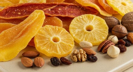 Close up shot of assorted dried fruits and nuts including pineapple mango and walnuts on a plate