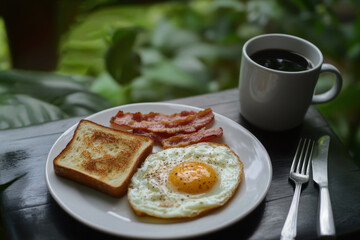 American breakfast. Scrambled eggs with bacon and croutons, a cup of coffee and a fork and knife on a wooden table. Against the background of green vegetation. Healthy breakfast. Healthy Eating