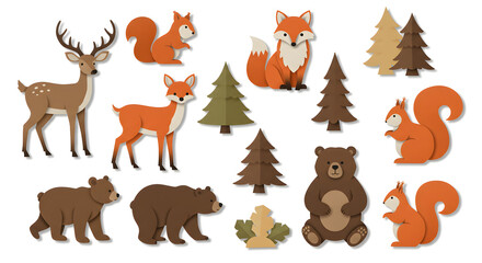 Fototapeta premium A set of cartoon forest and woodland animal illustrations
