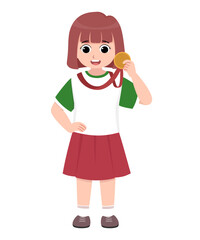 A girl holding a champion medal with a big smile
