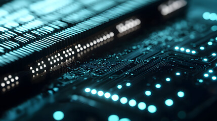 Close-up of a glowing, intricate circuit board highlighting electronic pathways and components in a futuristic blue tint.