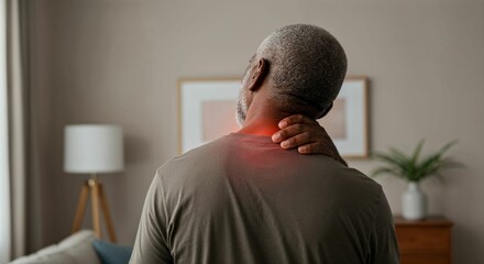  Senior Black man standing indoors with hand on neck and head tilted, red glow highlighting neck pain or stiffness in peaceful home interior