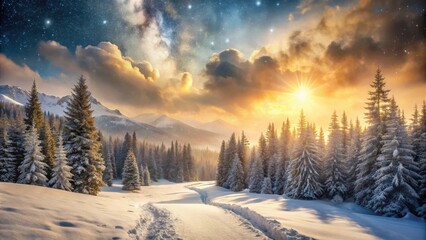 Fototapeta premium Serene Winter Wonderland Snow-Covered Evergreens, Majestic Mountains, and a Starry Sky at Sunrise