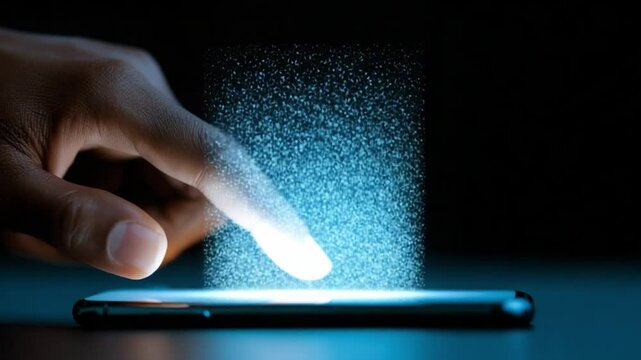 Touching the Future: A hand gently interacts with a smart phone, a holographic projection materializing above the device, conveying a sense of innovation and connectivity in the digital age.