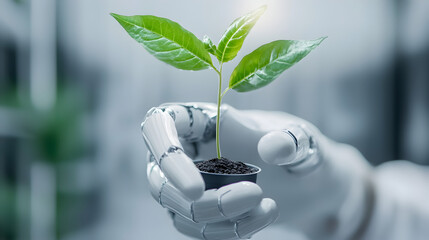 A robotic hand gently holds a small plant sprout growing from soil, symbolizing the fusion of technology and nature.