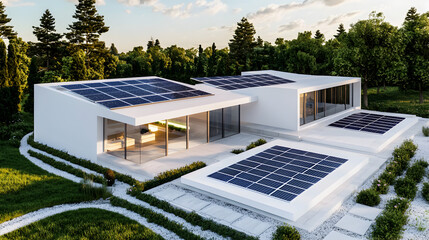 Modern white house with flat roofs covered in solar panels, surrounded by greenery and trees under a partly cloudy sky.