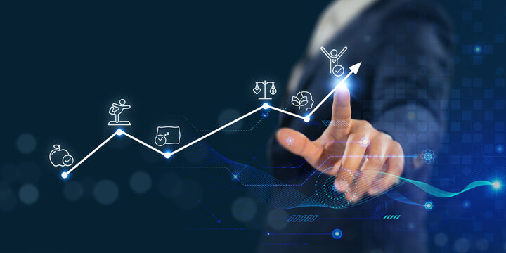 Wellness and longevity technology concept. Digital interface illustrates the path to wellness and longevity, personalized health, with icons; nutrition, exercise, sleep, mental balance and happiness. - Powered by Adobe