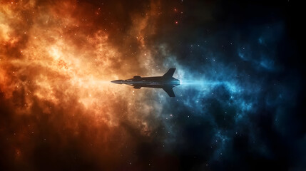 Fototapeta premium A spaceship flies through contrasting fiery orange and cool blue cosmic clouds in deep space, symbolizing speed and exploration.