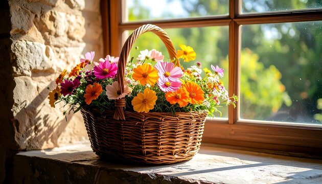 Beautiful flower basket arrangement by window, spring flowers, colorful blooms, floral still life, cozy home decor generative ai 