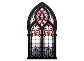 black church window with red decoration ornaments isolated on white or transparent png