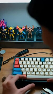 An enthusiast assembles a custom mechanical keyboard on a wooden desk surrounded by tools and collectible figures