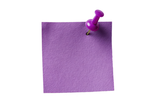 blank purple note with push pin isolated on white or transparent png