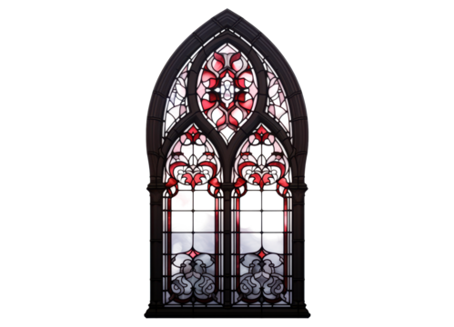 black church window with red decoration ornaments isolated on white or transparent png