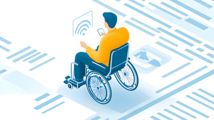 A person in a wheelchair uses a smartphone amid digital icons, symbolizing accessibility and technology integration for people with disabilities.