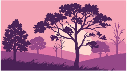 Obraz premium Serene Sunset Landscape Design featuring Silhouetted Trees and a Gentle Hillside