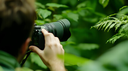 A photographer captures close-up images of lush green foliage using a DSLR camera in a natural outdoor setting.