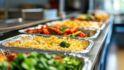 A photo of food in lunch boxes on the school canteen counter, with some vegetables and pasta. The background is blurred to emphasize focus on one or two food items.
