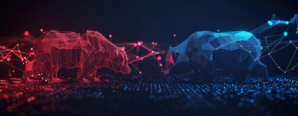 modern stock market background with red and blue glowing bear and bull, trading charts, low poly wireframe, digital graphics on dark background